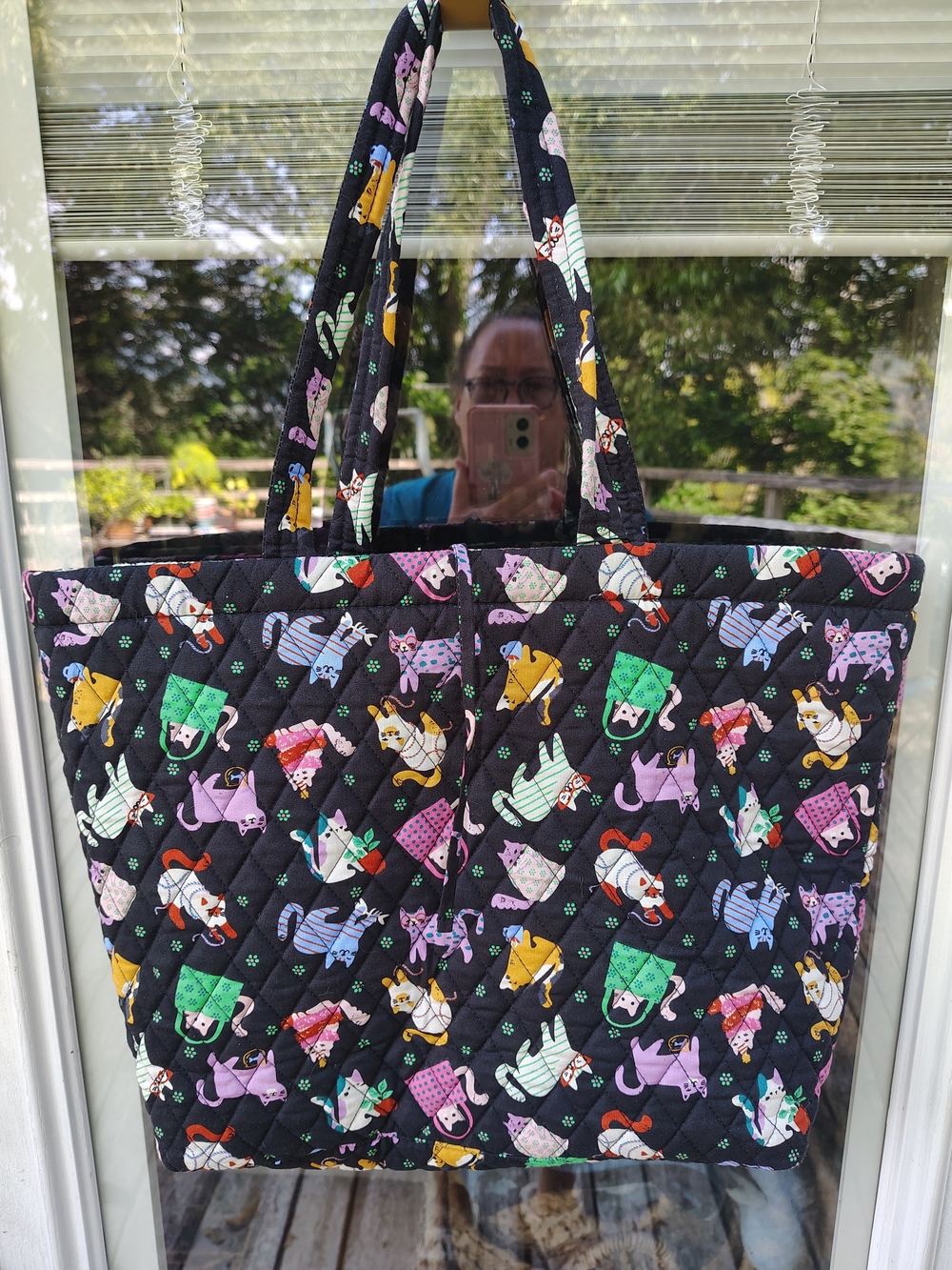 Vera Bradley Black Quilted Tote with Colorful Cat Motif